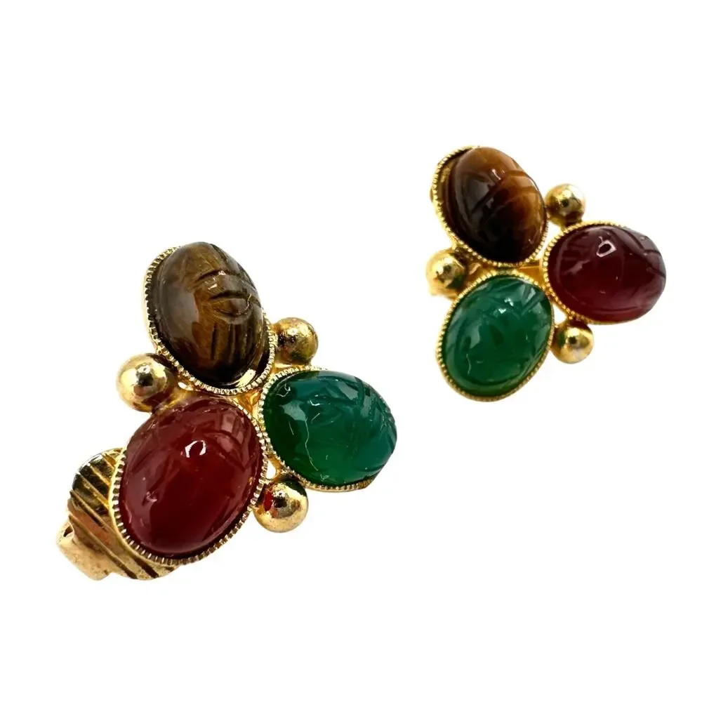 Vintage Carved Scarab Cabochons Tigers Eye Glass Cold Tone .5